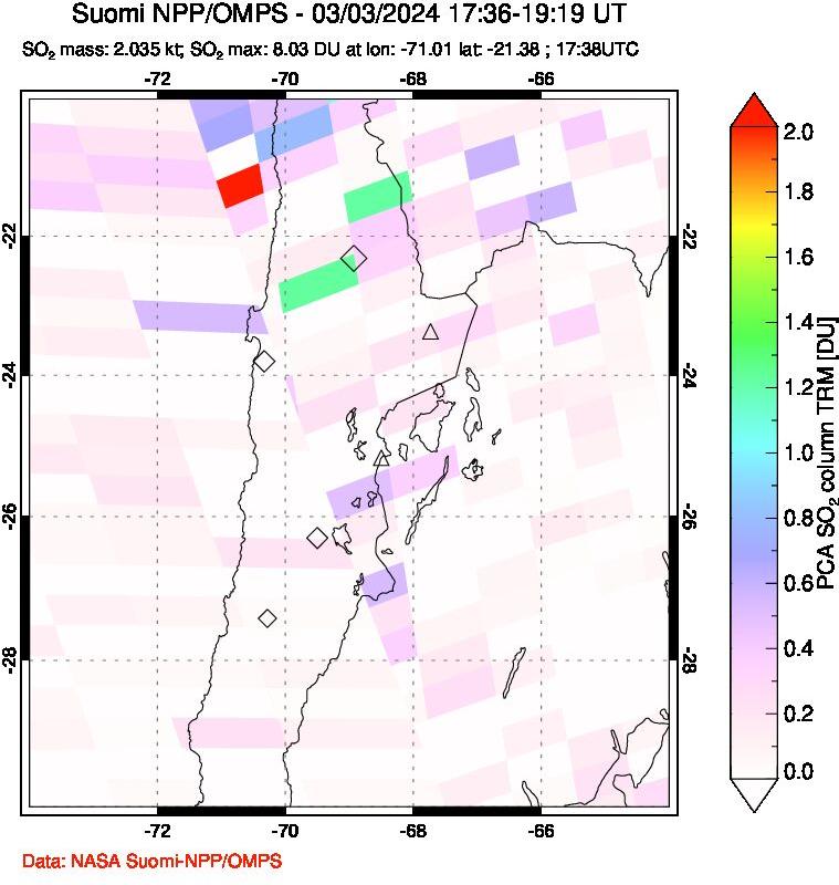 A sulfur dioxide image over Northern Chile on Mar 03, 2024.