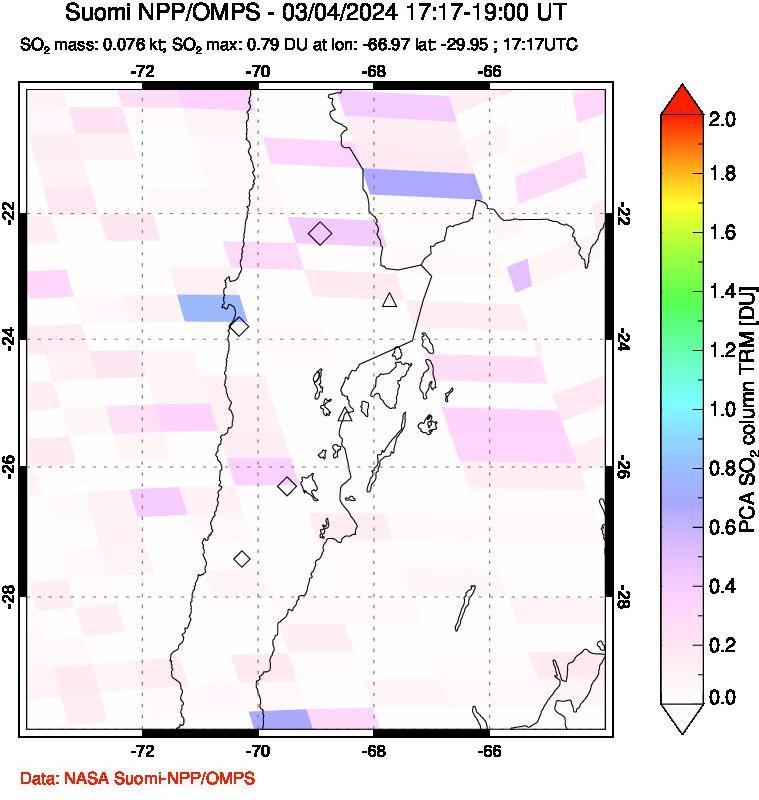 A sulfur dioxide image over Northern Chile on Mar 04, 2024.