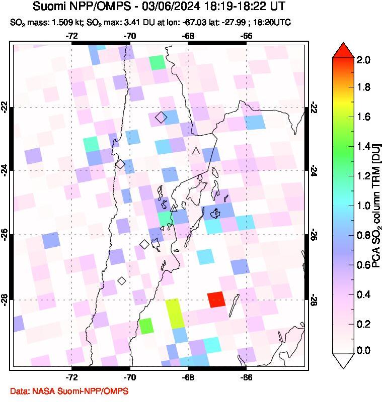 A sulfur dioxide image over Northern Chile on Mar 06, 2024.