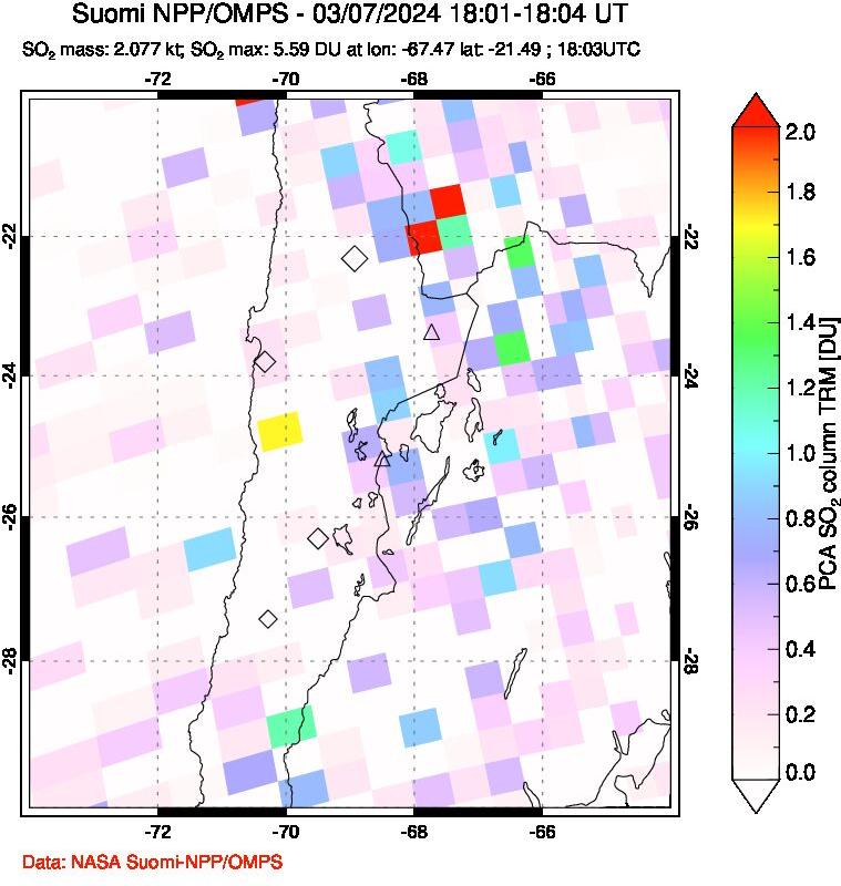 A sulfur dioxide image over Northern Chile on Mar 07, 2024.