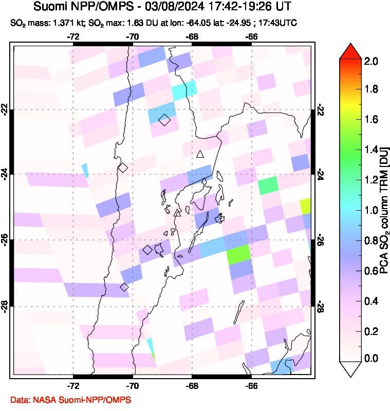 A sulfur dioxide image over Northern Chile on Mar 08, 2024.