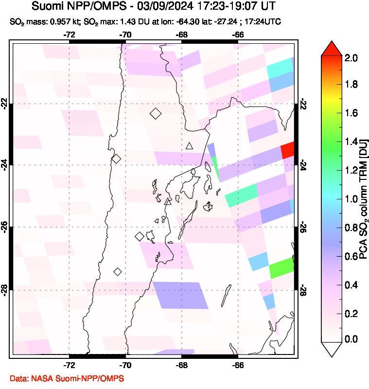 A sulfur dioxide image over Northern Chile on Mar 09, 2024.