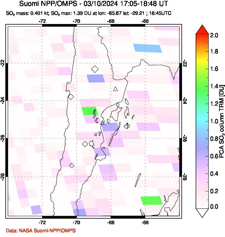 A sulfur dioxide image over Northern Chile on Mar 10, 2024.