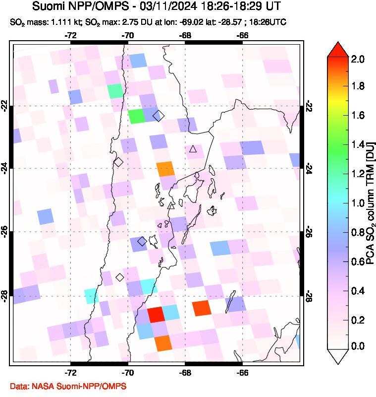 A sulfur dioxide image over Northern Chile on Mar 11, 2024.