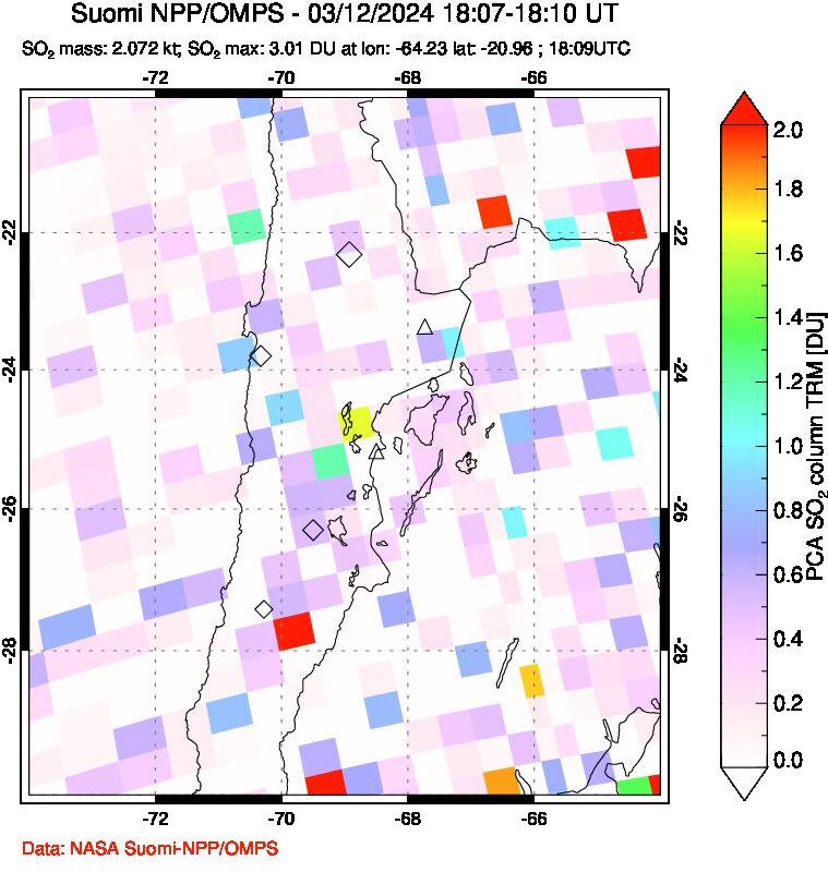 A sulfur dioxide image over Northern Chile on Mar 12, 2024.