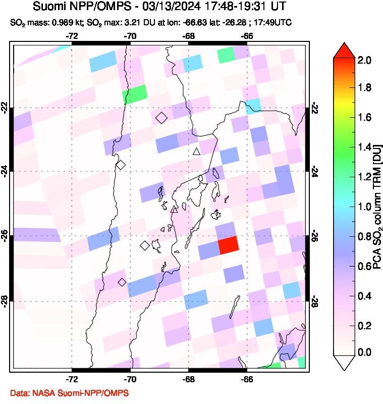 A sulfur dioxide image over Northern Chile on Mar 13, 2024.