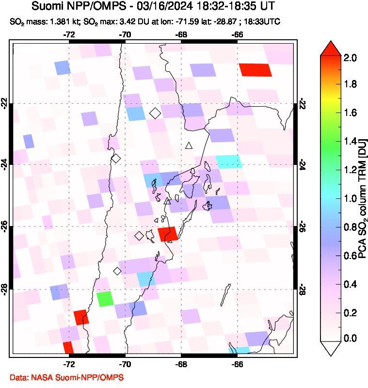 A sulfur dioxide image over Northern Chile on Mar 16, 2024.