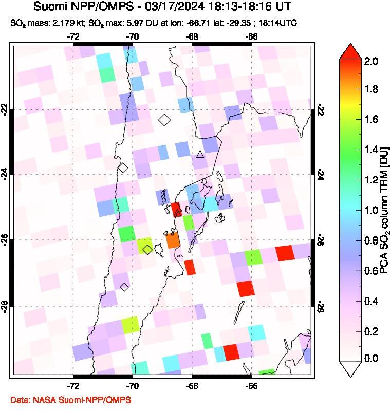 A sulfur dioxide image over Northern Chile on Mar 17, 2024.