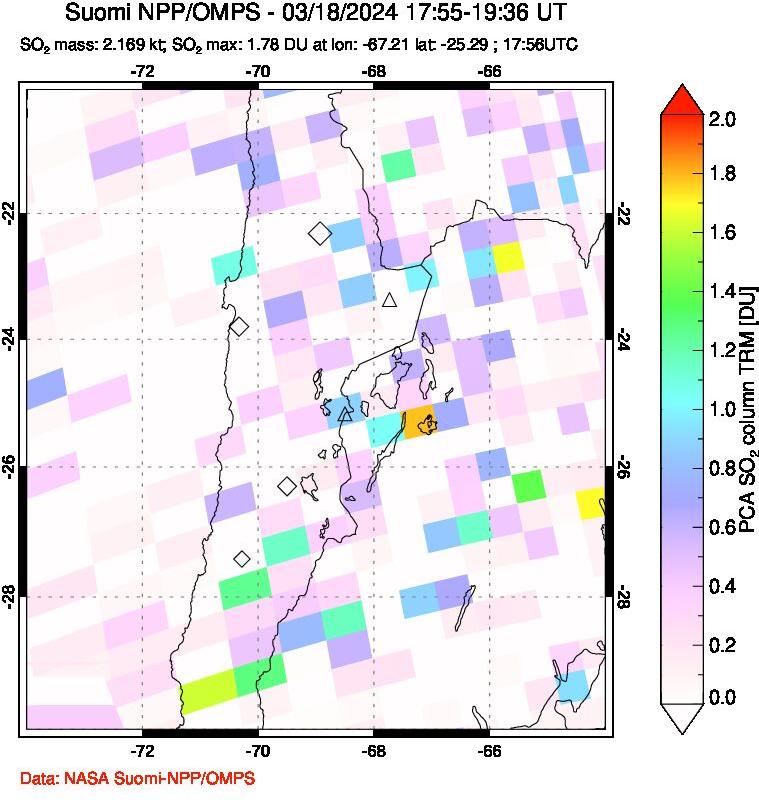 A sulfur dioxide image over Northern Chile on Mar 18, 2024.