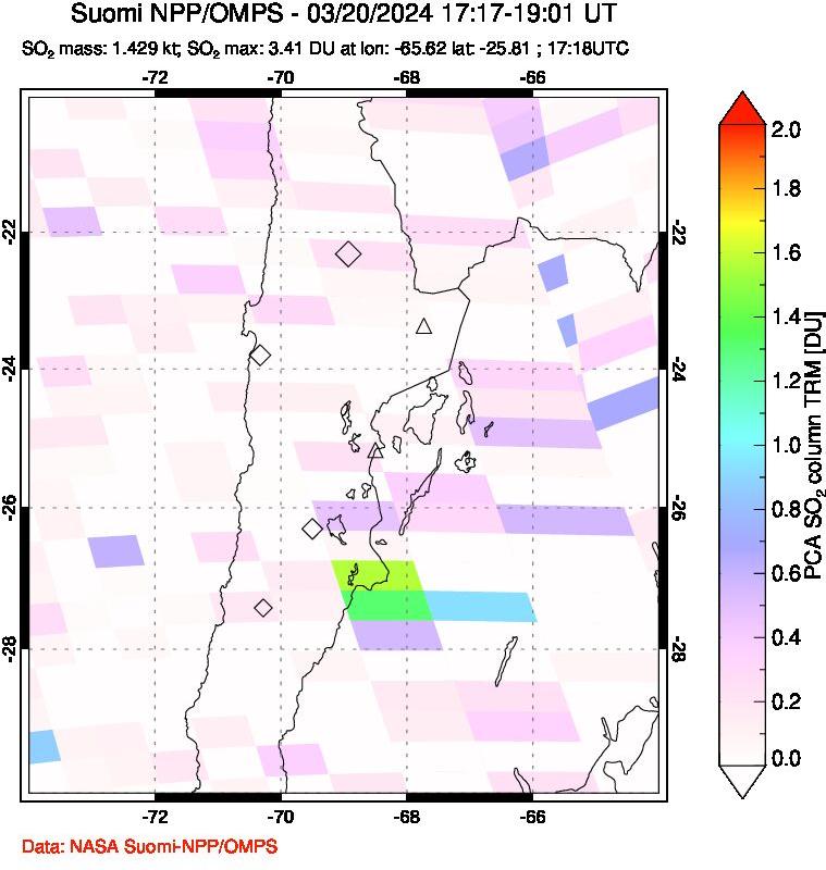 A sulfur dioxide image over Northern Chile on Mar 20, 2024.