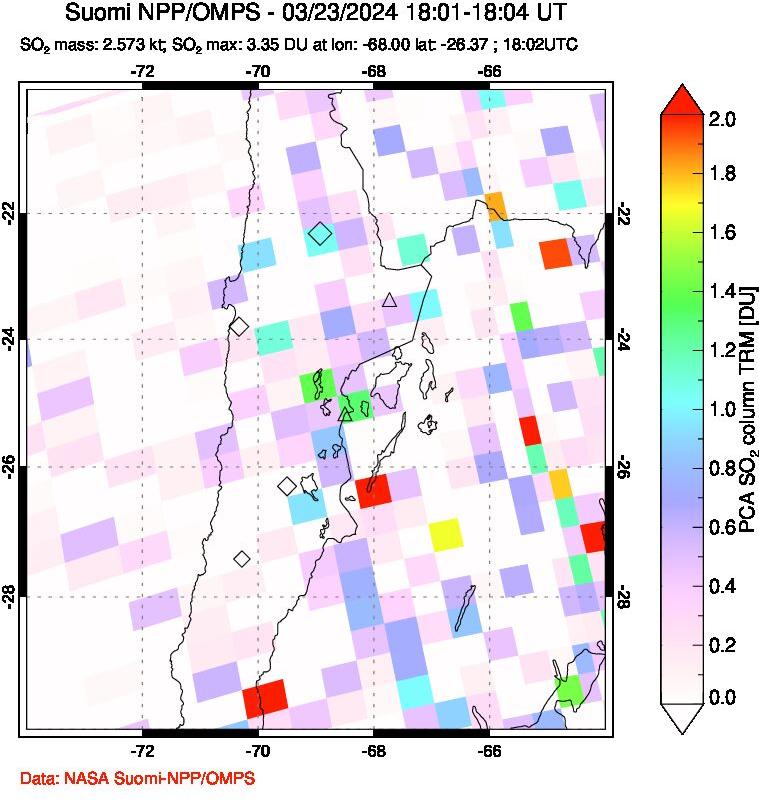 A sulfur dioxide image over Northern Chile on Mar 23, 2024.