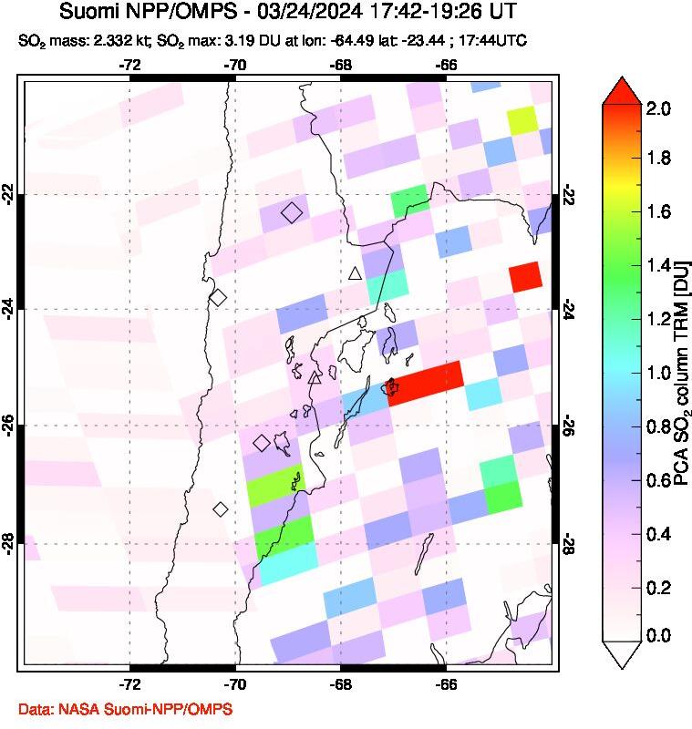 A sulfur dioxide image over Northern Chile on Mar 24, 2024.