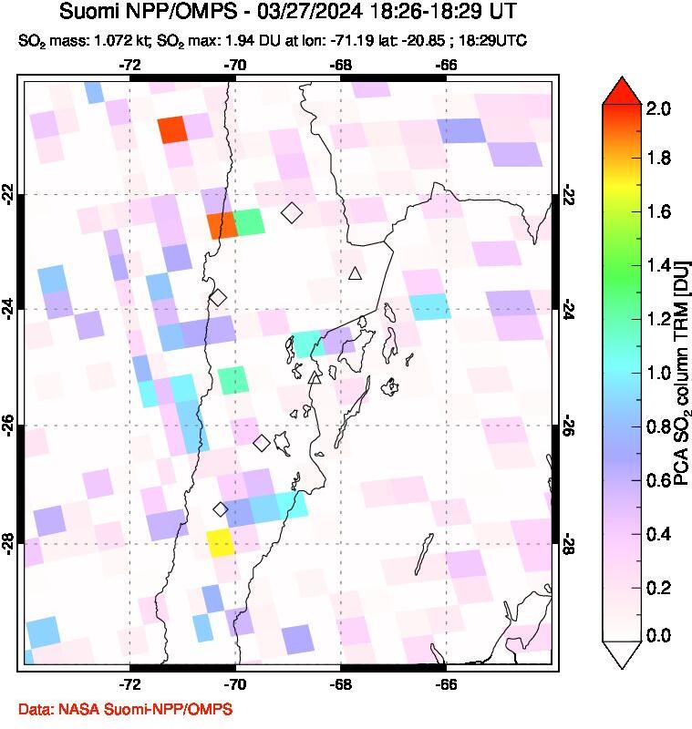 A sulfur dioxide image over Northern Chile on Mar 27, 2024.