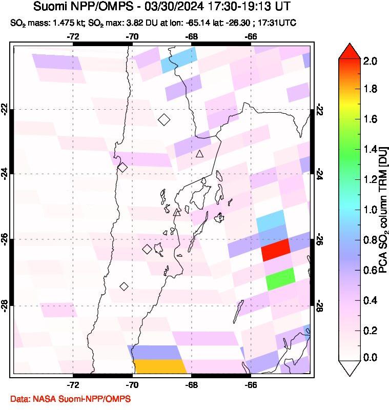 A sulfur dioxide image over Northern Chile on Mar 30, 2024.