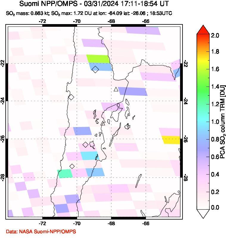 A sulfur dioxide image over Northern Chile on Mar 31, 2024.