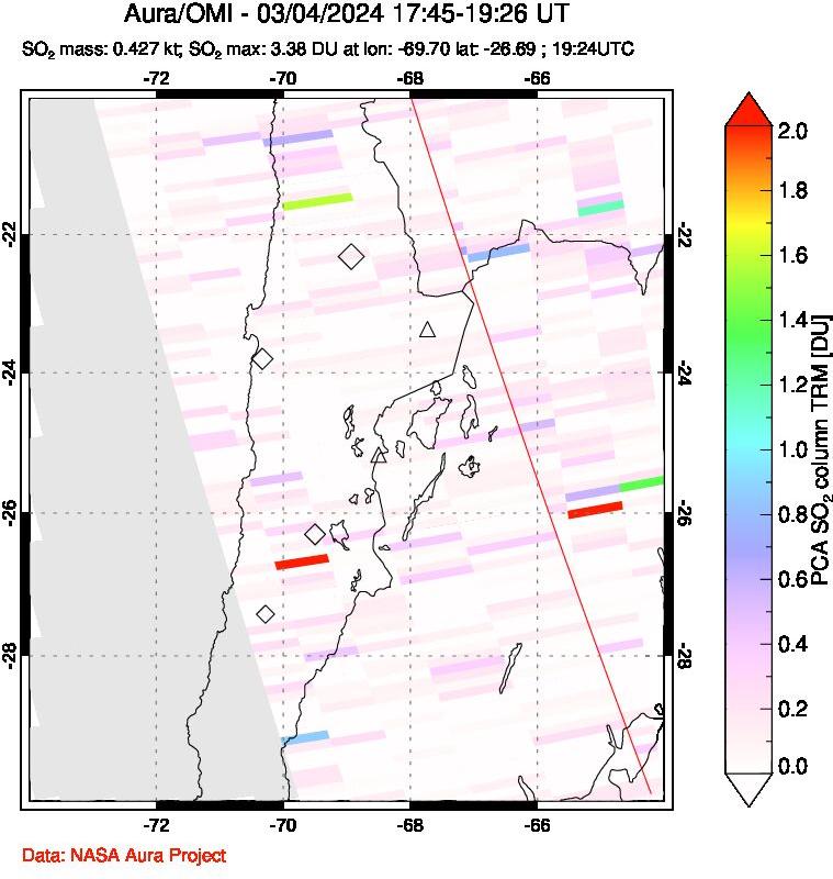 A sulfur dioxide image over Northern Chile on Mar 04, 2024.