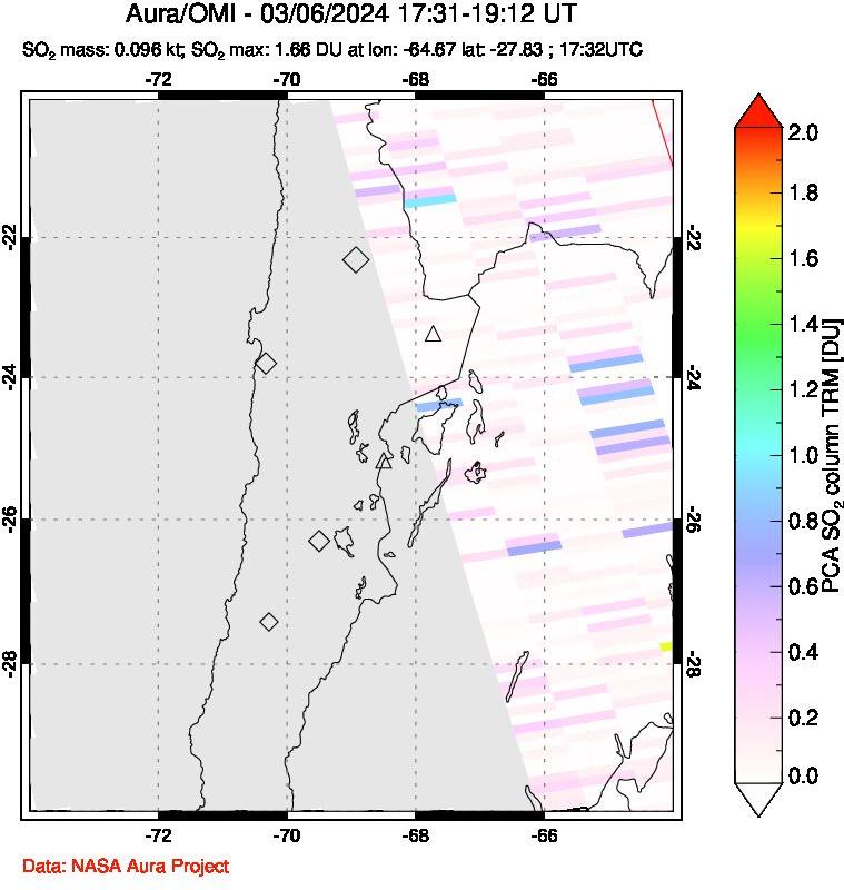 A sulfur dioxide image over Northern Chile on Mar 06, 2024.