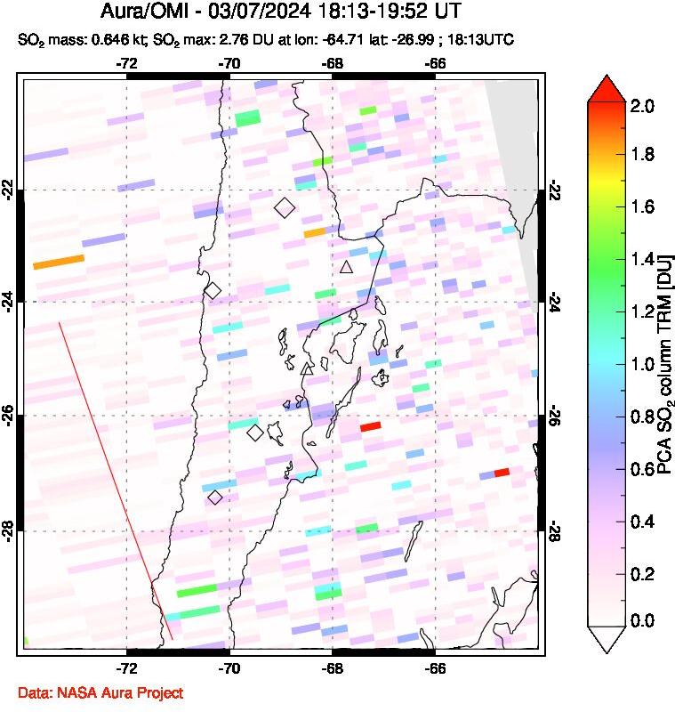 A sulfur dioxide image over Northern Chile on Mar 07, 2024.