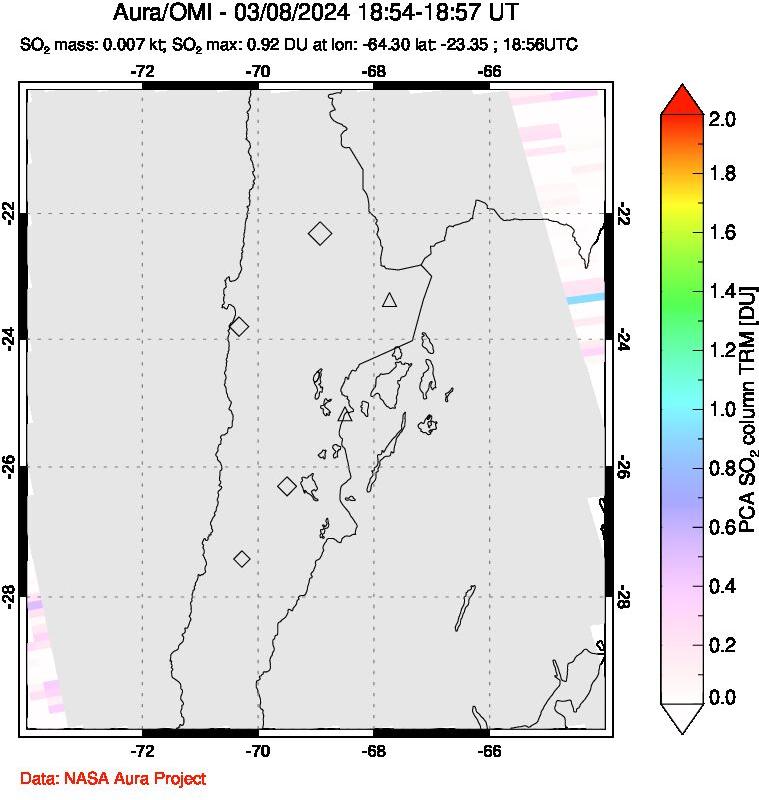 A sulfur dioxide image over Northern Chile on Mar 08, 2024.