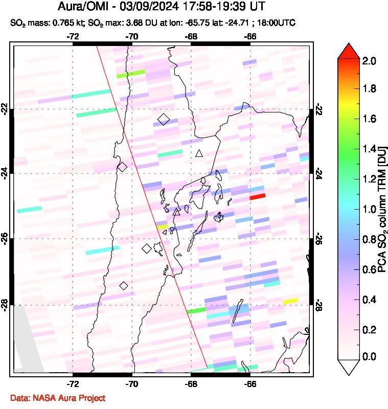 A sulfur dioxide image over Northern Chile on Mar 09, 2024.