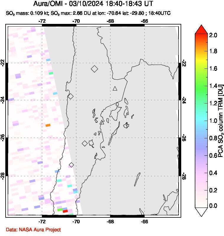 A sulfur dioxide image over Northern Chile on Mar 10, 2024.