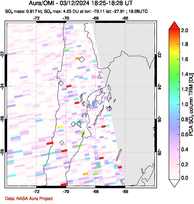 A sulfur dioxide image over Northern Chile on Mar 12, 2024.