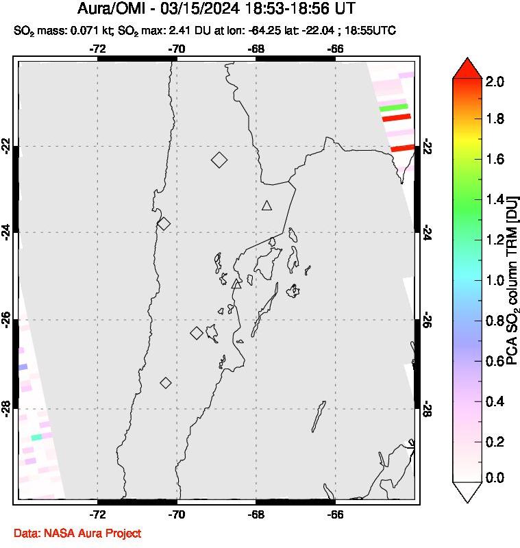 A sulfur dioxide image over Northern Chile on Mar 15, 2024.