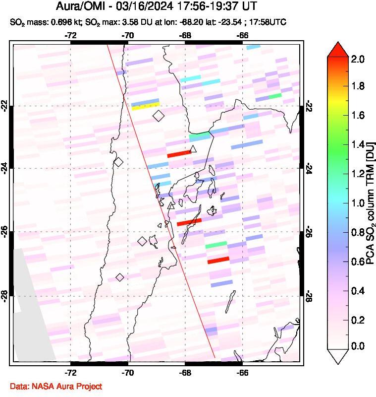 A sulfur dioxide image over Northern Chile on Mar 16, 2024.