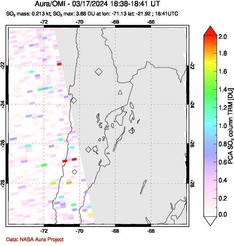 A sulfur dioxide image over Northern Chile on Mar 17, 2024.