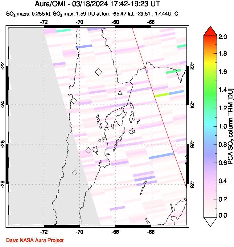 A sulfur dioxide image over Northern Chile on Mar 18, 2024.