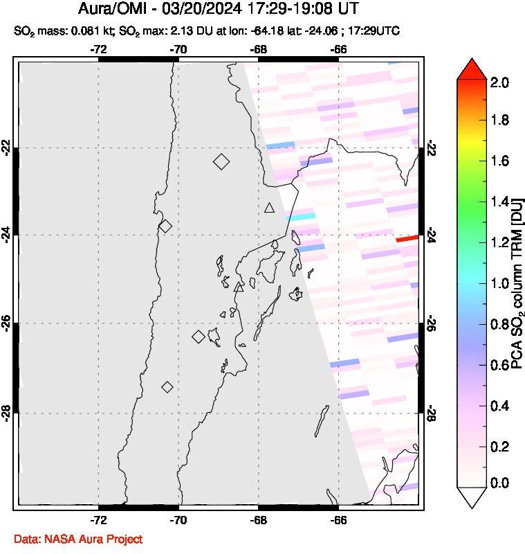 A sulfur dioxide image over Northern Chile on Mar 20, 2024.