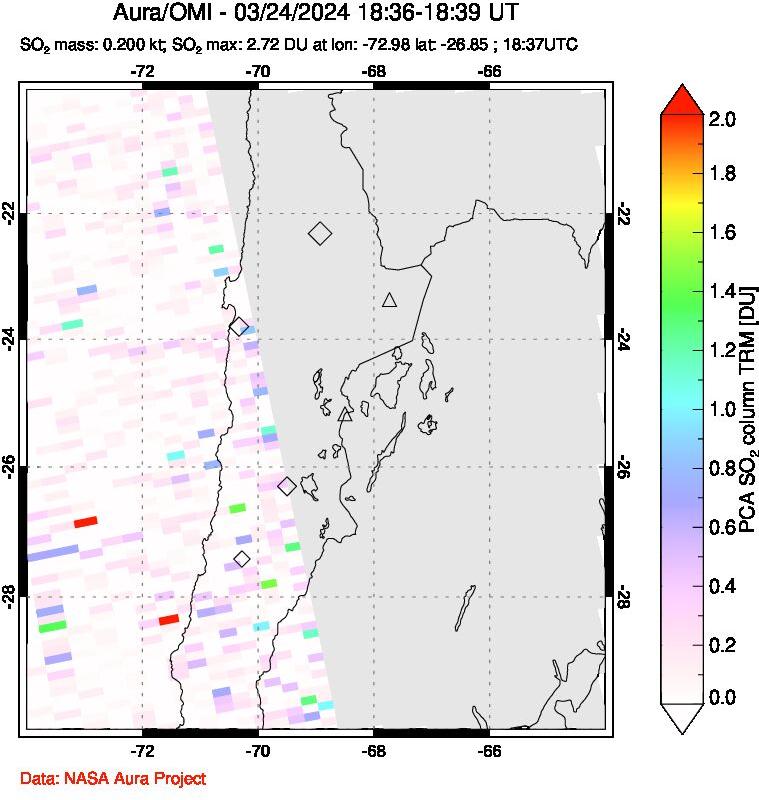 A sulfur dioxide image over Northern Chile on Mar 24, 2024.