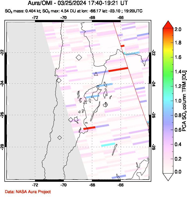 A sulfur dioxide image over Northern Chile on Mar 25, 2024.