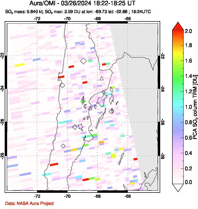 A sulfur dioxide image over Northern Chile on Mar 26, 2024.