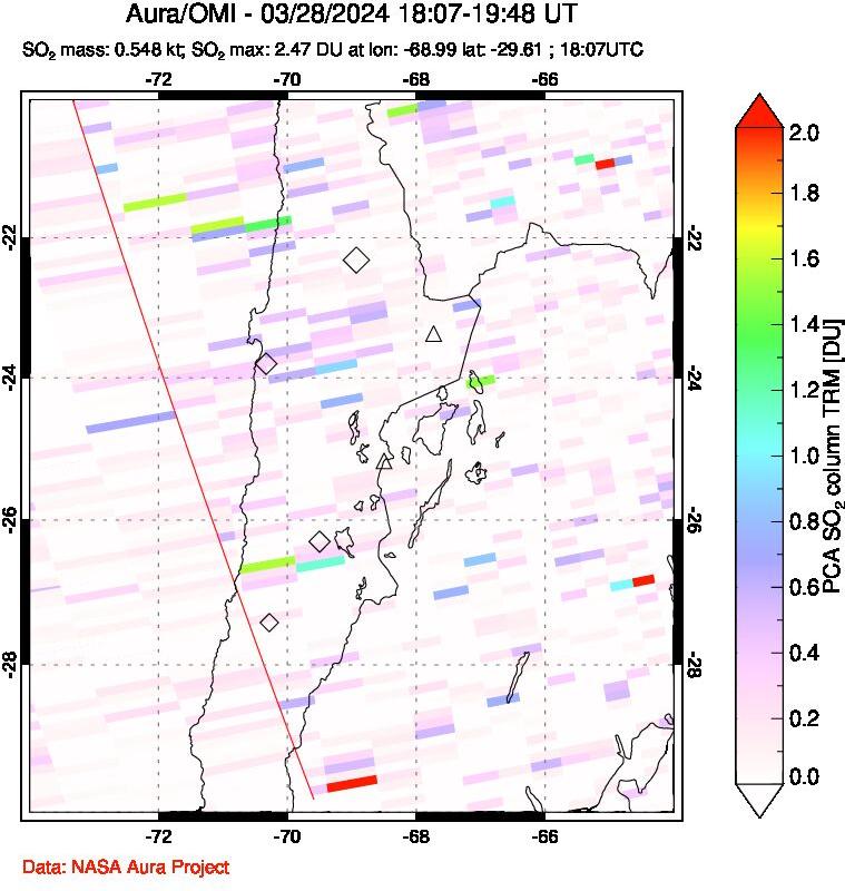 A sulfur dioxide image over Northern Chile on Mar 28, 2024.