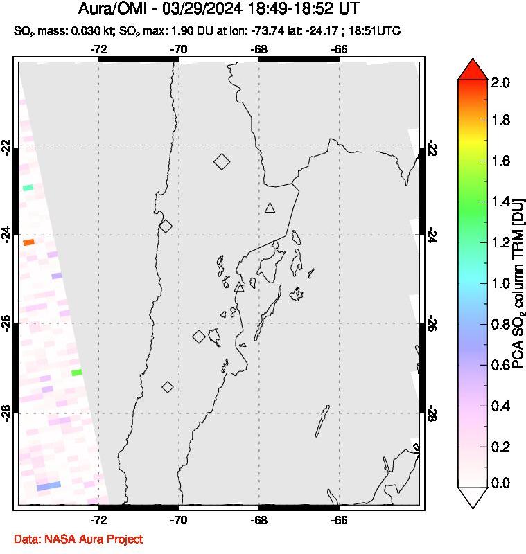 A sulfur dioxide image over Northern Chile on Mar 29, 2024.