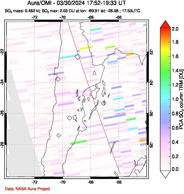 A sulfur dioxide image over Northern Chile on Mar 30, 2024.