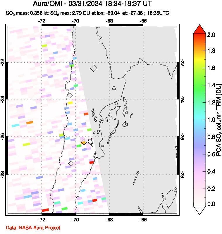 A sulfur dioxide image over Northern Chile on Mar 31, 2024.