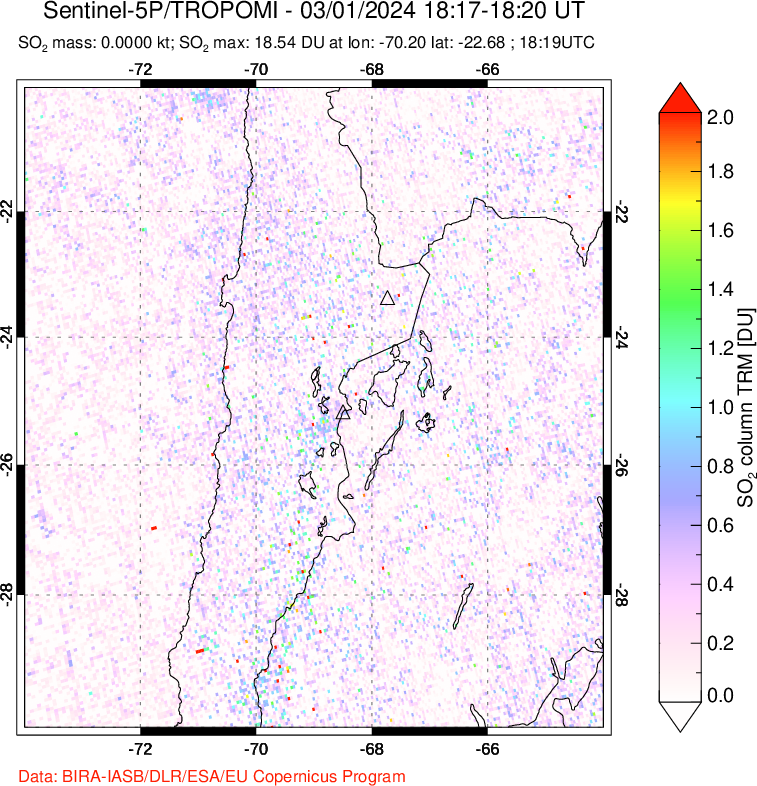 A sulfur dioxide image over Northern Chile on Mar 01, 2024.