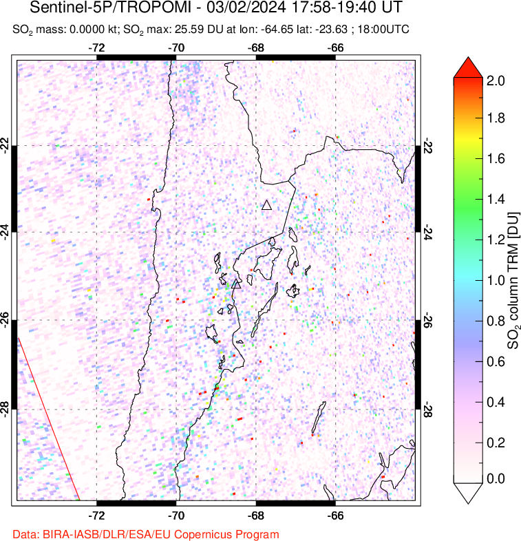 A sulfur dioxide image over Northern Chile on Mar 02, 2024.