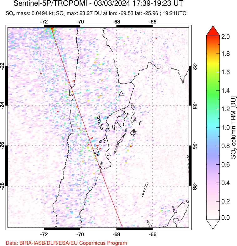 A sulfur dioxide image over Northern Chile on Mar 03, 2024.