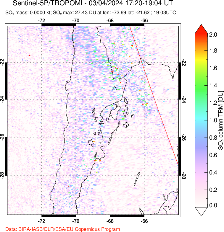 A sulfur dioxide image over Northern Chile on Mar 04, 2024.