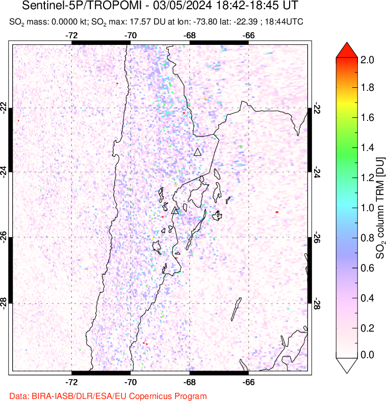 A sulfur dioxide image over Northern Chile on Mar 05, 2024.