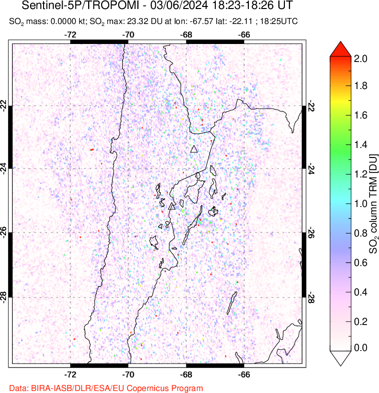 A sulfur dioxide image over Northern Chile on Mar 06, 2024.