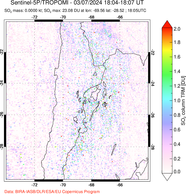 A sulfur dioxide image over Northern Chile on Mar 07, 2024.