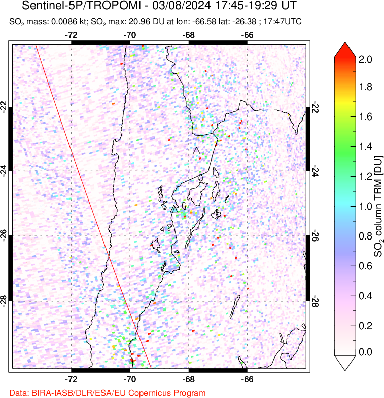 A sulfur dioxide image over Northern Chile on Mar 08, 2024.