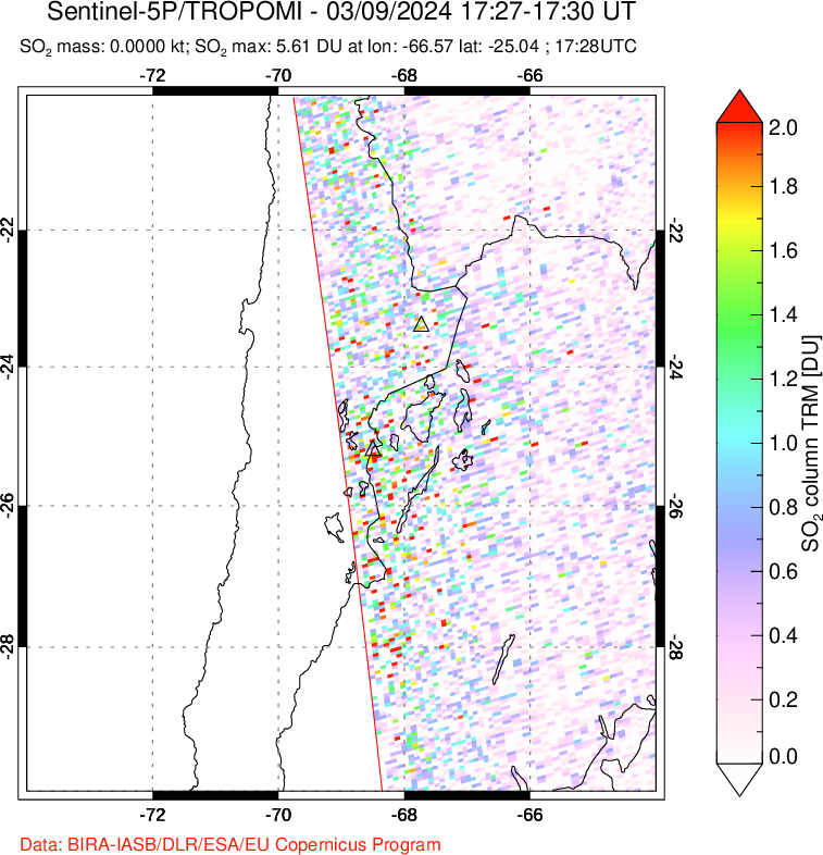 A sulfur dioxide image over Northern Chile on Mar 09, 2024.