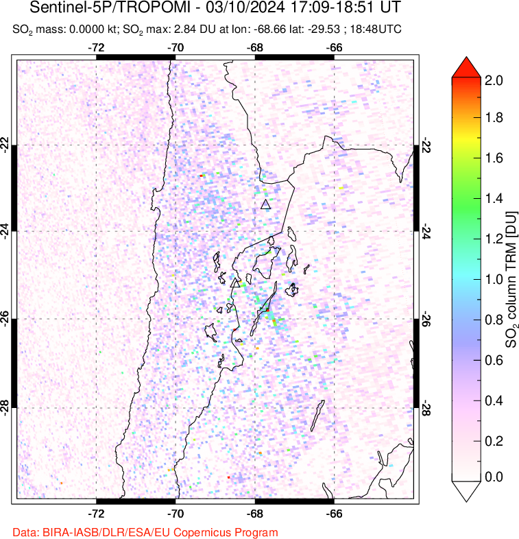 A sulfur dioxide image over Northern Chile on Mar 10, 2024.