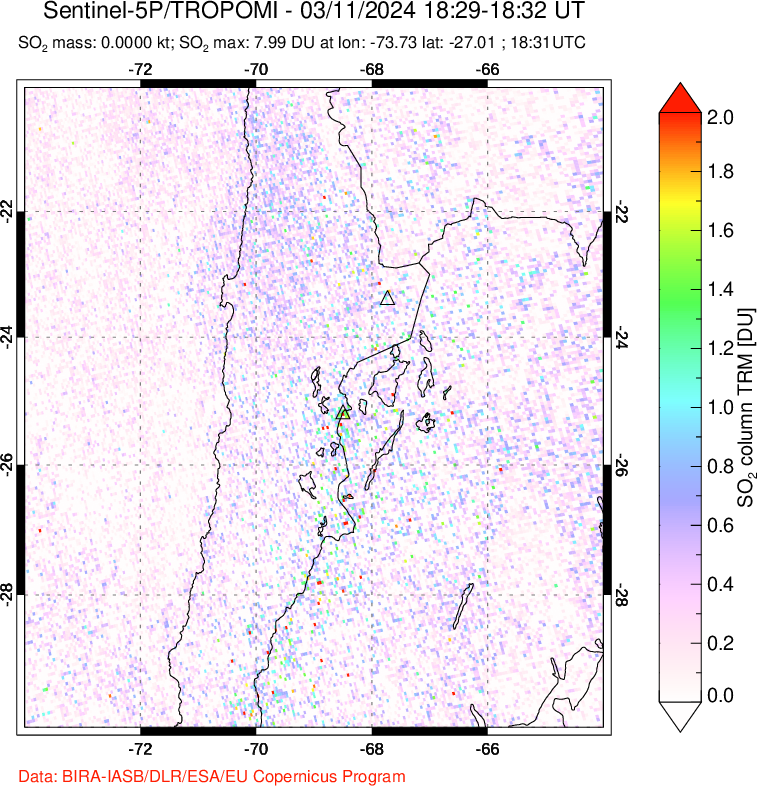 A sulfur dioxide image over Northern Chile on Mar 11, 2024.