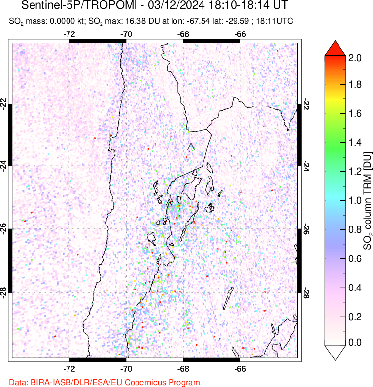 A sulfur dioxide image over Northern Chile on Mar 12, 2024.